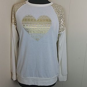 Cream Gold Heart Mesh Sequin Shoulder Sweatshirt Sweater Long Raglan Sleeve L